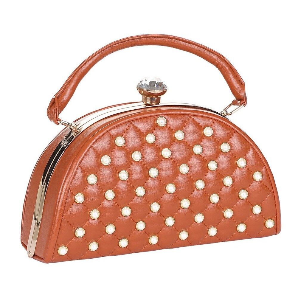 Brown Jewel Top Metal Frame Pearl Design Satchel Handbag
